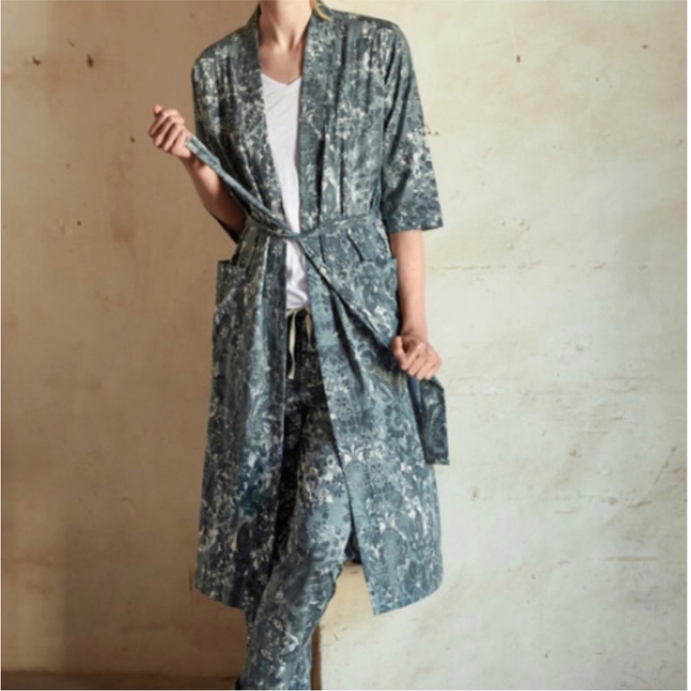 Peruvian Connection Pima Cotton Kimono-Style Robe - Floral Green - XS - Roses